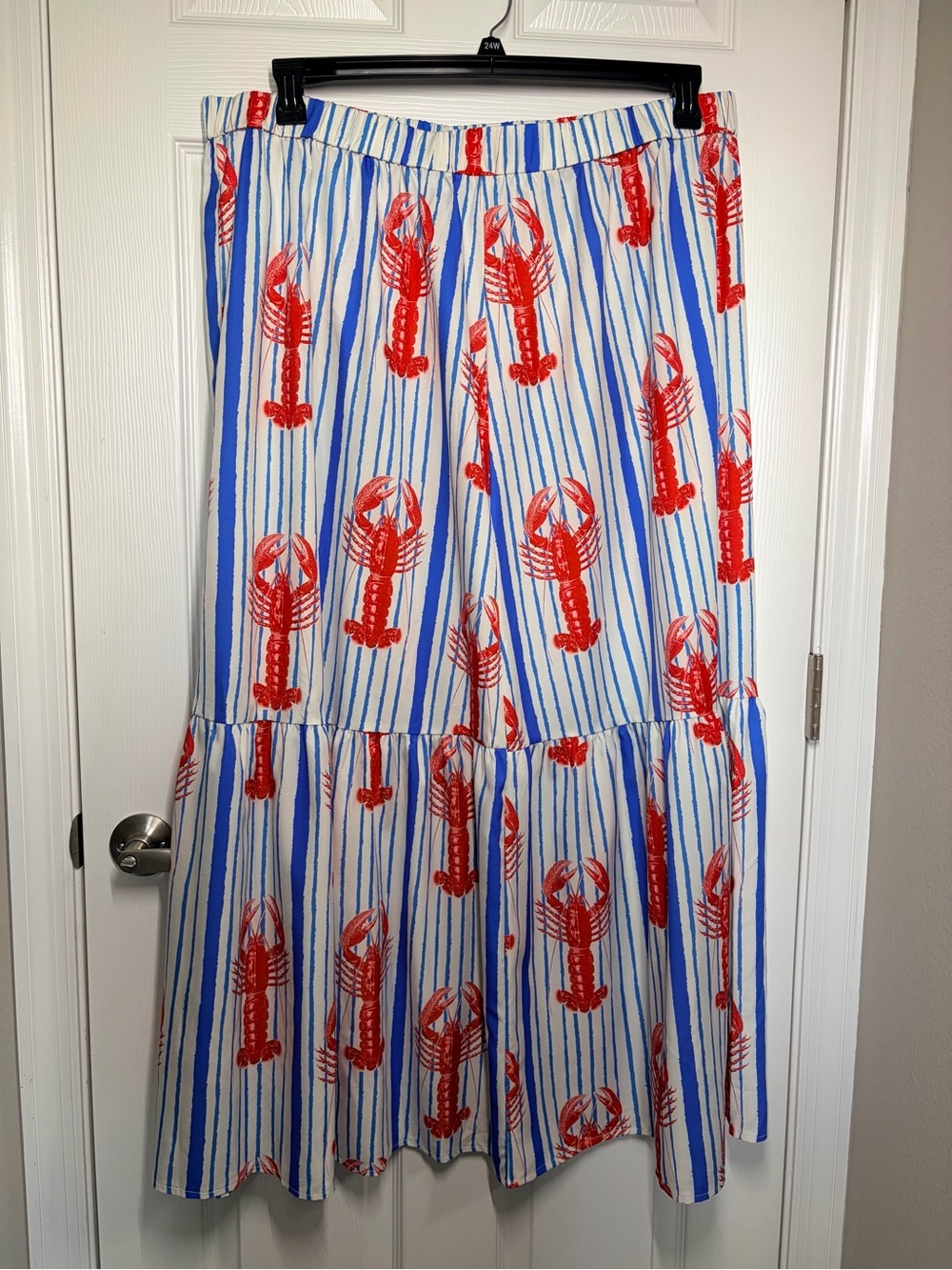 SHEIN Blue & White Striped Maxi Skirt with Red Lobster Print